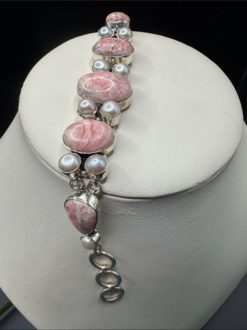 Sterling Silver Pink Rhodochrosite & Pearl Bracelet - 7.75 inches